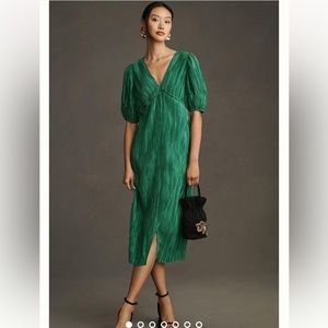 By Anthropologie V-Neck Pleated Slim Midi Dress, Size XS